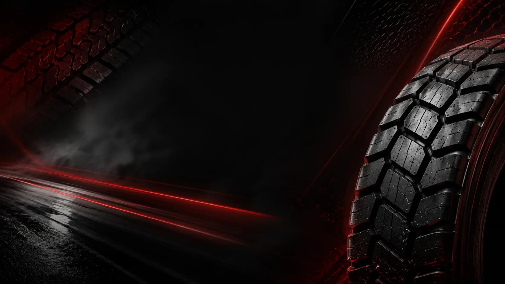 Cinematic heavy truck tyre with crimson light trails