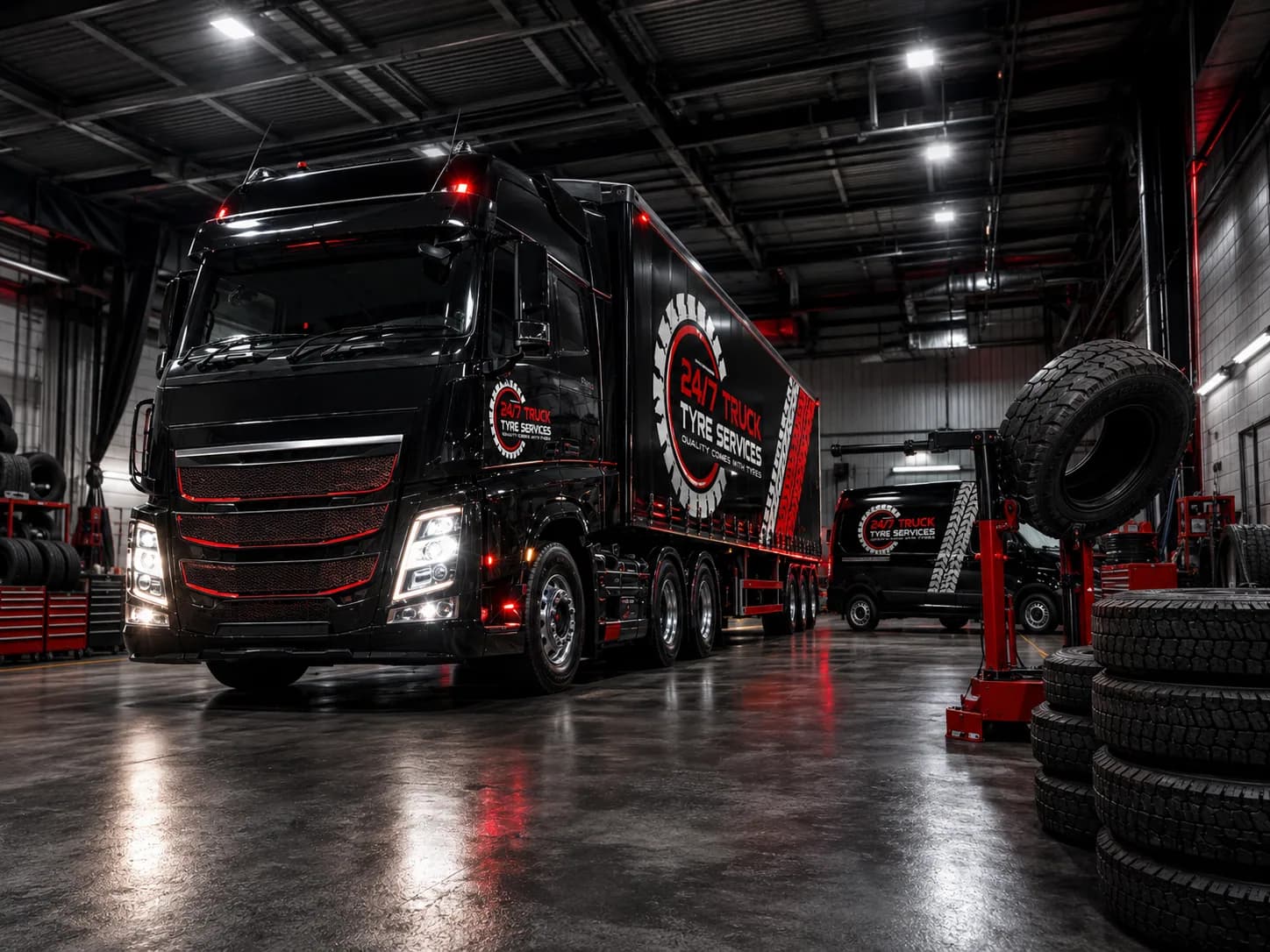 Black heavy truck inside a commercial tyre workshop