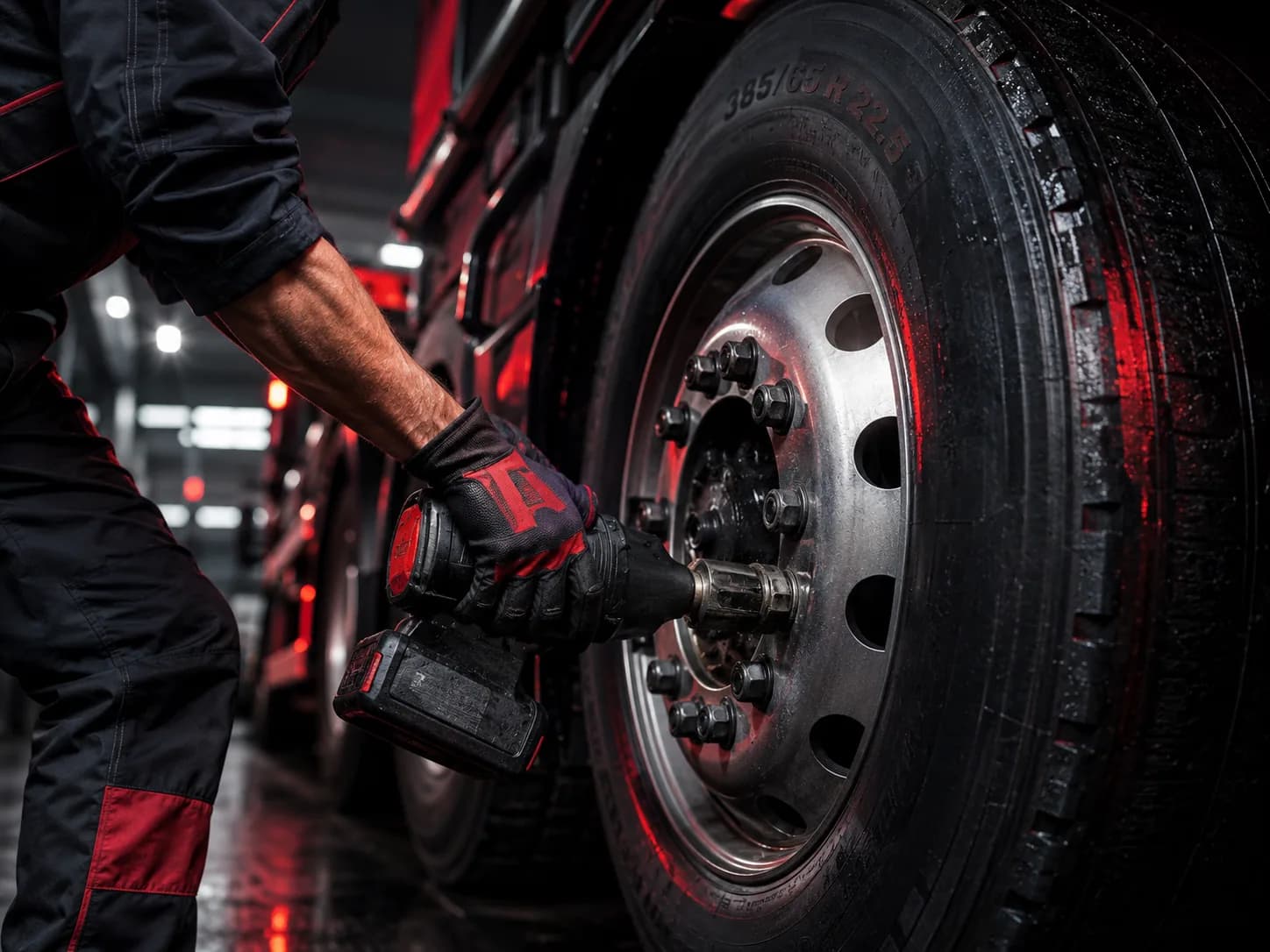 Commercial tyre fitter servicing a heavy truck wheel