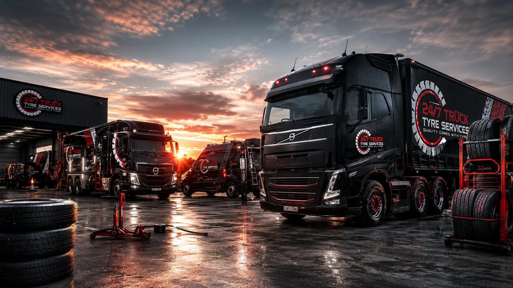 Commercial truck fleet and service vehicles at an industrial yard