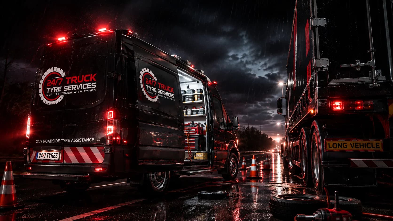 Roadside rescue van attending a heavy truck at night