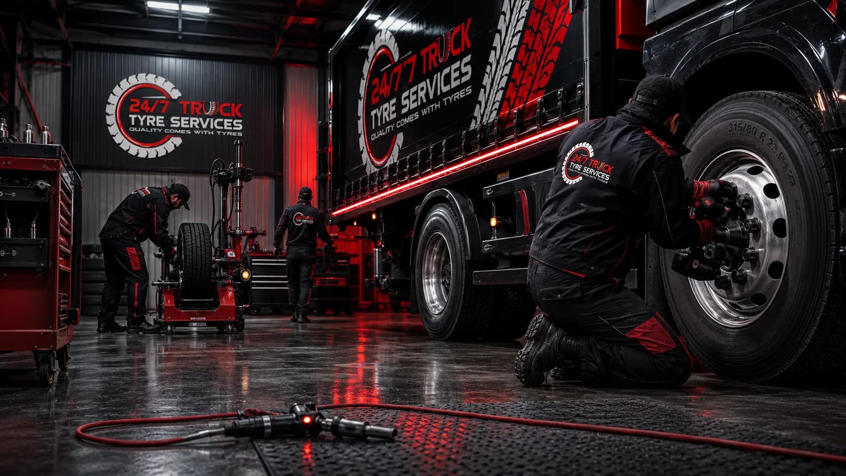 Workshop technicians servicing heavy trucks and wheels